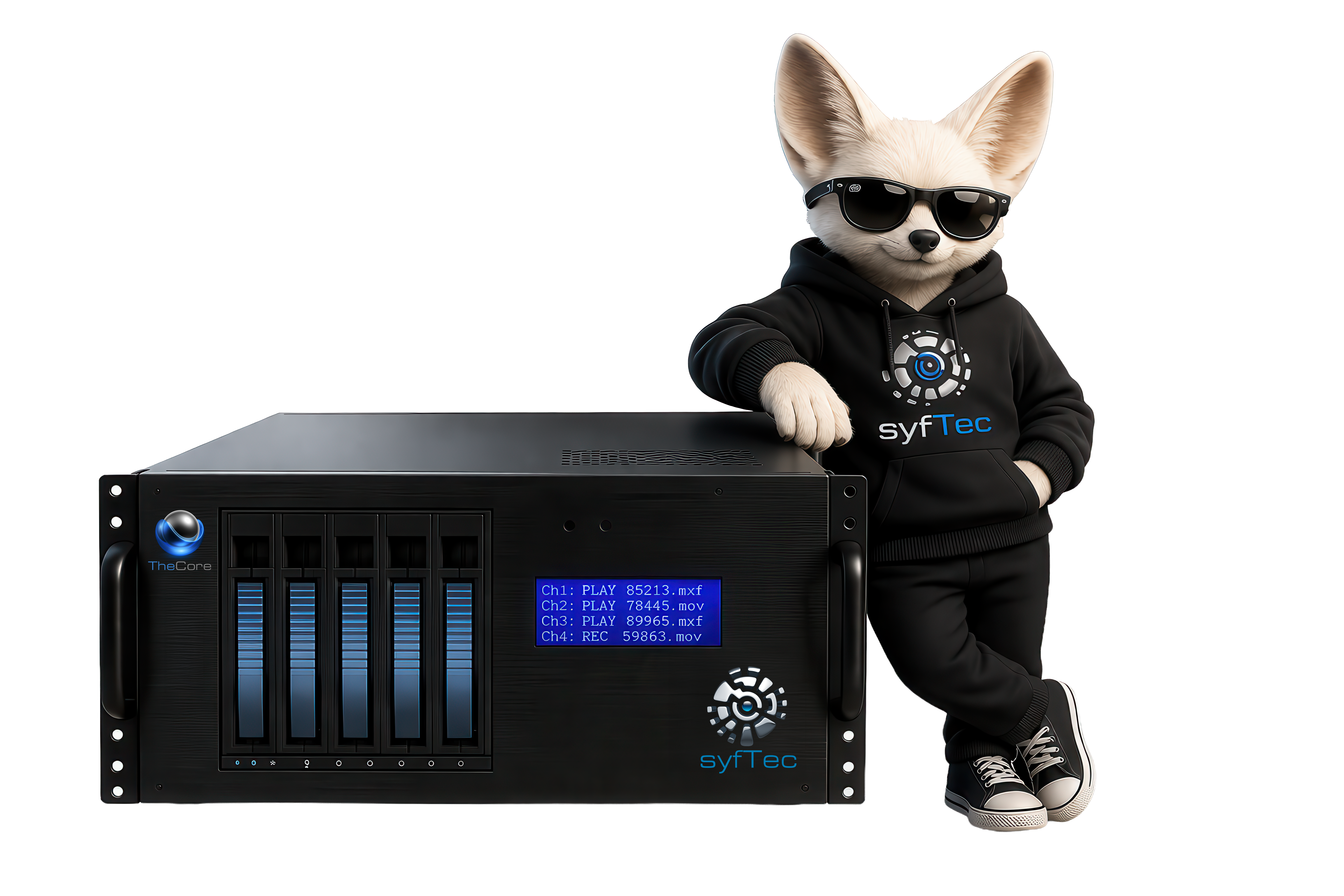 syfTec mascot leaning on TheCore broadcast server